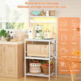 Korfile Kitchen Bakers Rack with Power Outlet & LED Lights, Small Coffee Bar Table with Adjustable Storage Shelf, 4 Tiers Microwave Stand with 8 Hooks, Coffee Station for Appliance Organizer, White Korfile
