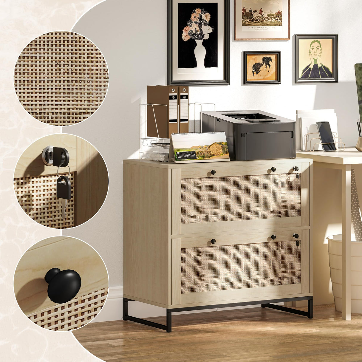 Vinsetto 2 Rattan Drawer File Cabinet with Lock, Lateral Filing Cabinet with Adjustable Hanging Bar for Letter, A4 and Legal Size Files, Printer Stand for Home Office, Natural Vinsetto