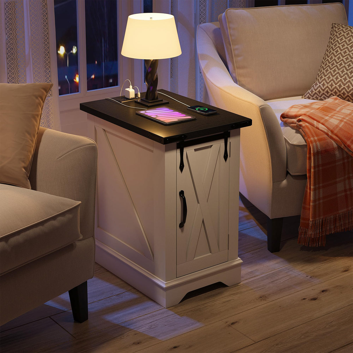 EnHomee End Tables with Charging Station,25" Farmhouse Wood Nightstand with Barn Door,Large Sofa Side Table with Adjustable Storage Shelf for Bedroom,Drawing Room,Hallway,Antique White EnHomee