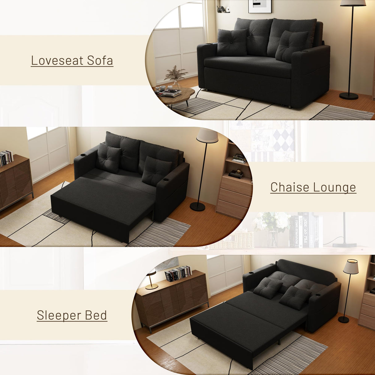 Krcix 3 in 1 Sofa Bed, 56 Inch Convertible Pull Out Couch, Loveseat Sleeper Sofa with Cup Holders, USB, Couch Bed for Living Room, Bedroom, Apartment, Black Krcix