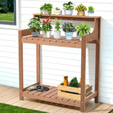 ONBRILL HDPS Potting Bench, All Weather Potting Table with 8 Hooks and Highten Tabletop, Easy Assembly Garden Work Bench, Outdoor Potting Benches for Outside Patio Lawn, 360LBS Capacity, Teak ONBRILL