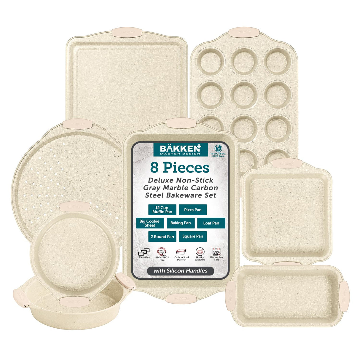 BAKKENMASTER Deluxe 8-Piece Carbon Steel Bakeware Set - Nonstick White Marble Coating, Silicone Handles - Professional Quality Kitchen Oven Baking Pans BAKKENMASTER