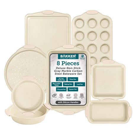 BAKKENMASTER Deluxe 8-Piece Carbon Steel Bakeware Set - Nonstick White Marble Coating, Silicone Handles - Professional Quality Kitchen Oven Baking Pans BAKKENMASTER