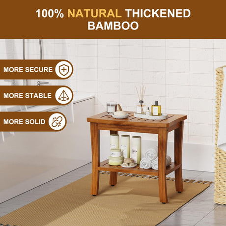 Large Teak Wood Shower Bench Stool with Storage Shelf Wooden Teak Bench for Shower Seat Chair for Inside Shower Waterproof Teakwood Shower Bench Bathroom Spa Bathing Shower Stool with Non-Slip Feet Greenual