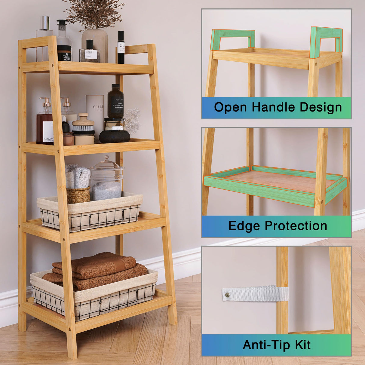 SMIBUY Bamboo Ladder Bookcase, Bathroom Storage Rack Organizer, 4 Tier and 5 Tier Freestanding Plant Display Stand Space Saver Shelves for Bedroom, Kitchen, Balcony (Natural, 4 Tiers (39" H)) SMIBUY
