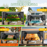 LVUYOYO 10' x 13' Outdoor Louvered Pergola, Metal Aluminum Pergola with Adjustable Roof, Waterproof Gazebo with Curtains and Netting for Patio, Backyard, Garden, Deck (Black) LVUYOYO
