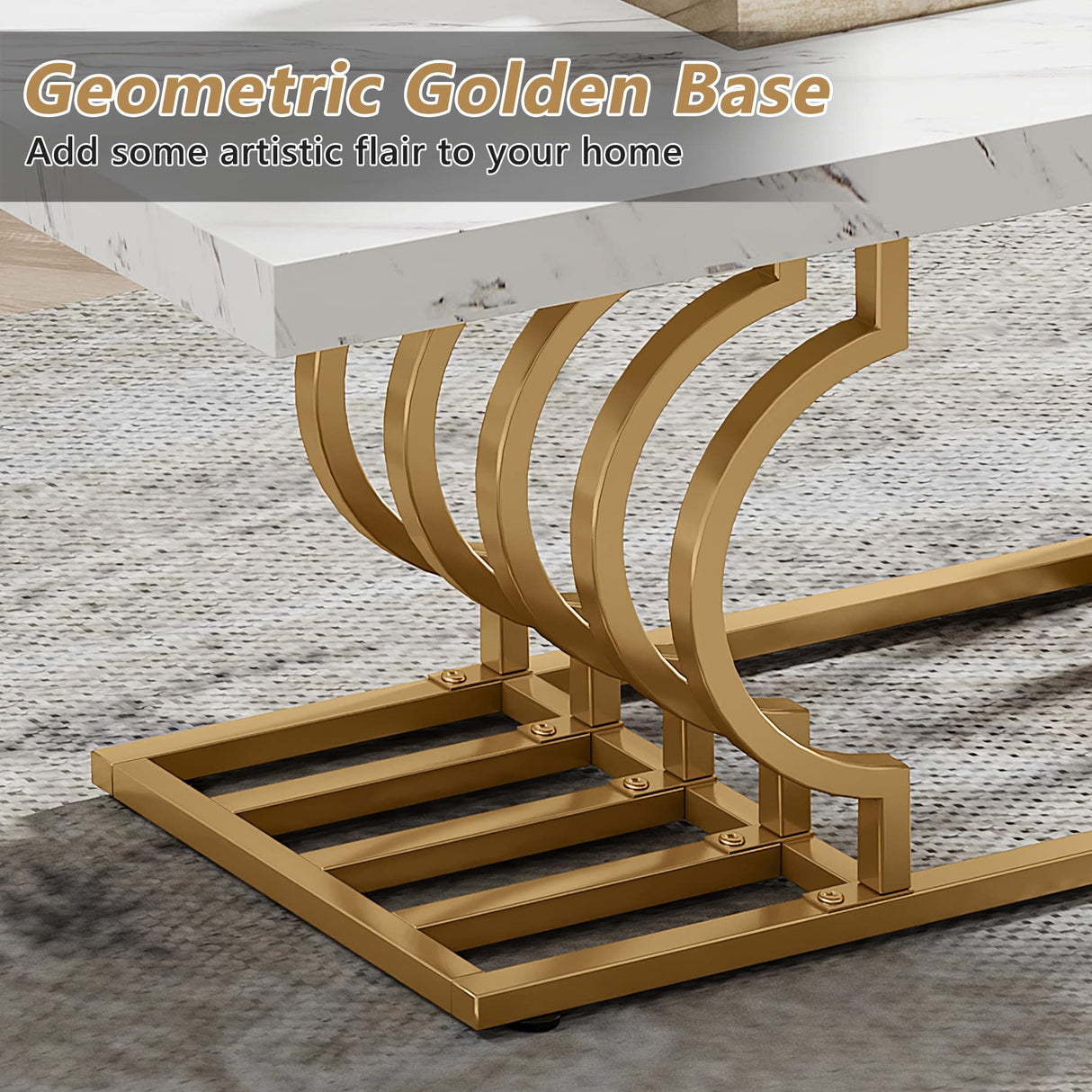 Tribesigns Modern Coffee Table, 47 Inch Faux Marble Cocktail Table with Geometric Frame, Rectangular Center Table Tea Table Accent Furniture for Living Room, Simple Assembly (White/Gold) Tribesigns