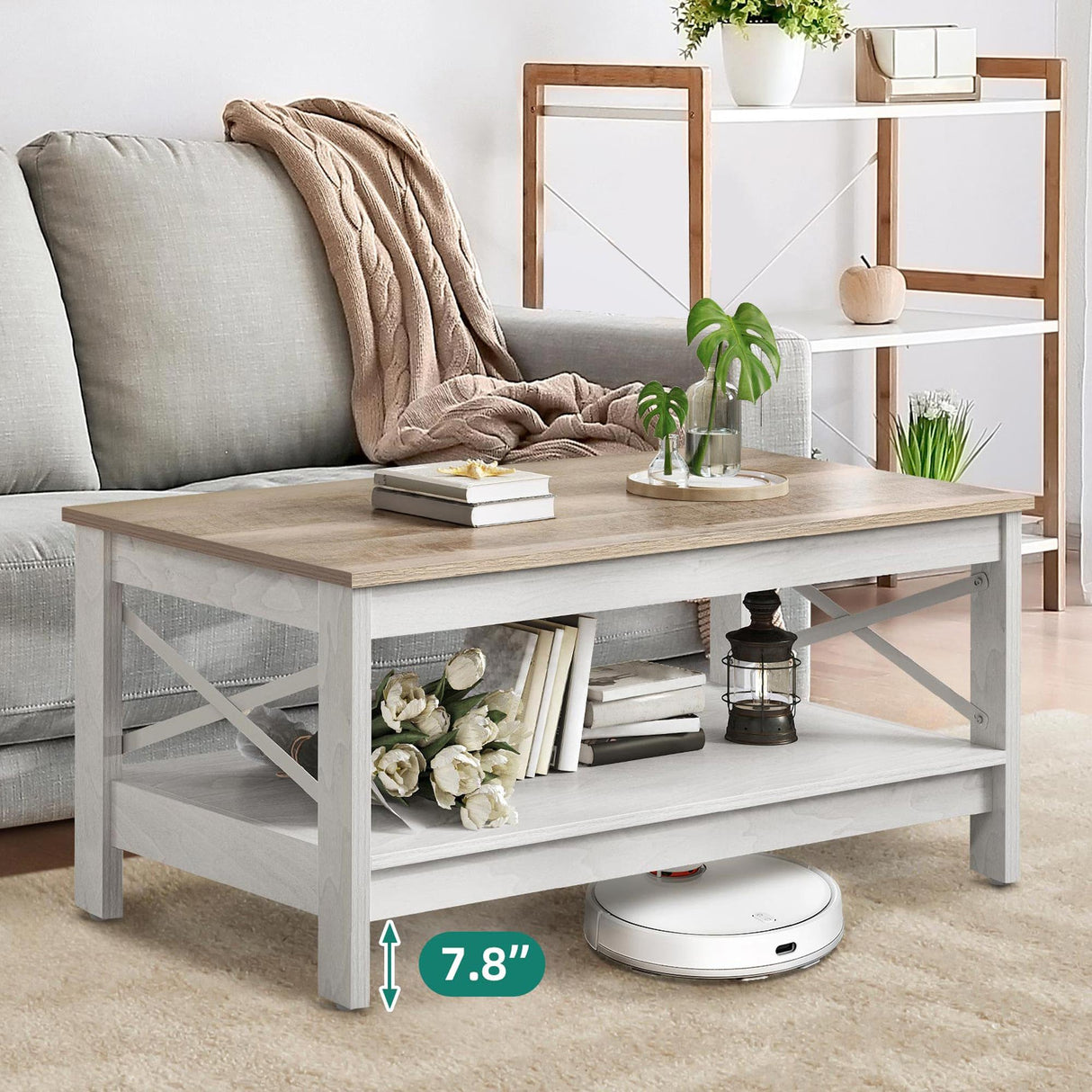 YITAHOME Coffee Tables for Living Room, Modern Farmhouse Coffee Table with Storage, 2-Tier Center Table Wood Living Room Table Accent Cocktail with Sturdy Frame, Grey Wash YITAHOME