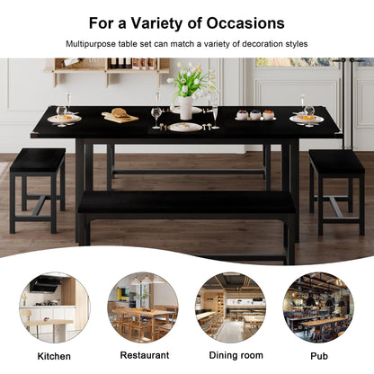 Feonase 5-Piece Dining Table Set for 4-8 People, 63" Large Extendable Kitchen Table Set with 2 Benches and 2 Square Stools, Dining Room Table with MDF Wood Board, Easy Assembly, Black - WoodArtSupply