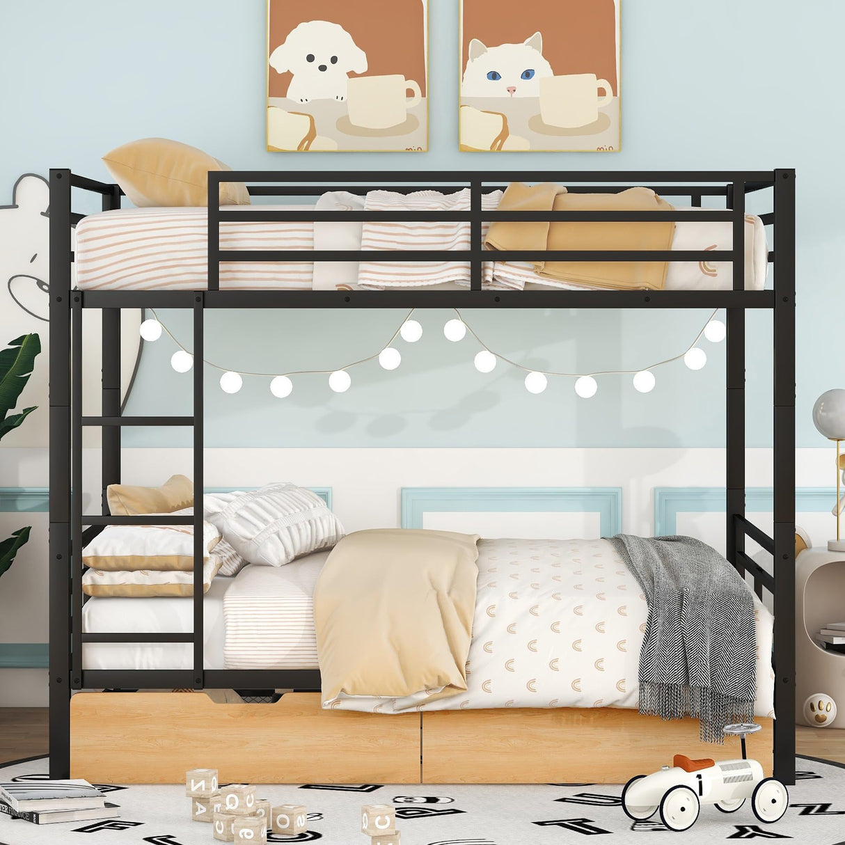 LUKEEHOM Metal Bunk Bed Full Over Full Convertible Full Bunk Beds into 2 Individual Full Size Bed with 2 Storage Drawers, No Box Spring Needed, Black LUKEEHOM