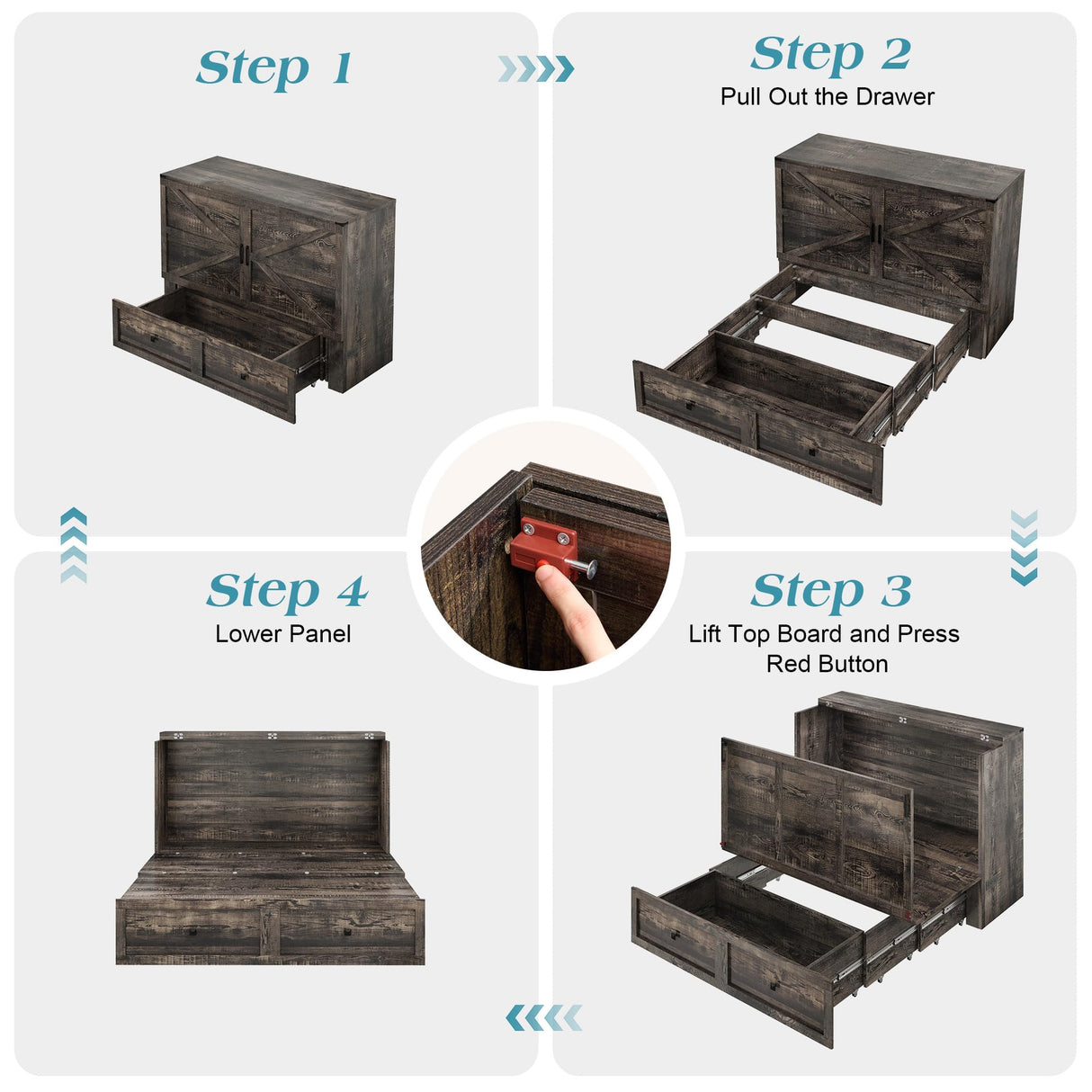 LUXOAK Queen Murphy Bed with Storage and Charging Station, Farmhouse Cabinet Bed, Noise-Free, for Guest Room, Apartment, or Office, Black Oak LUXOAK