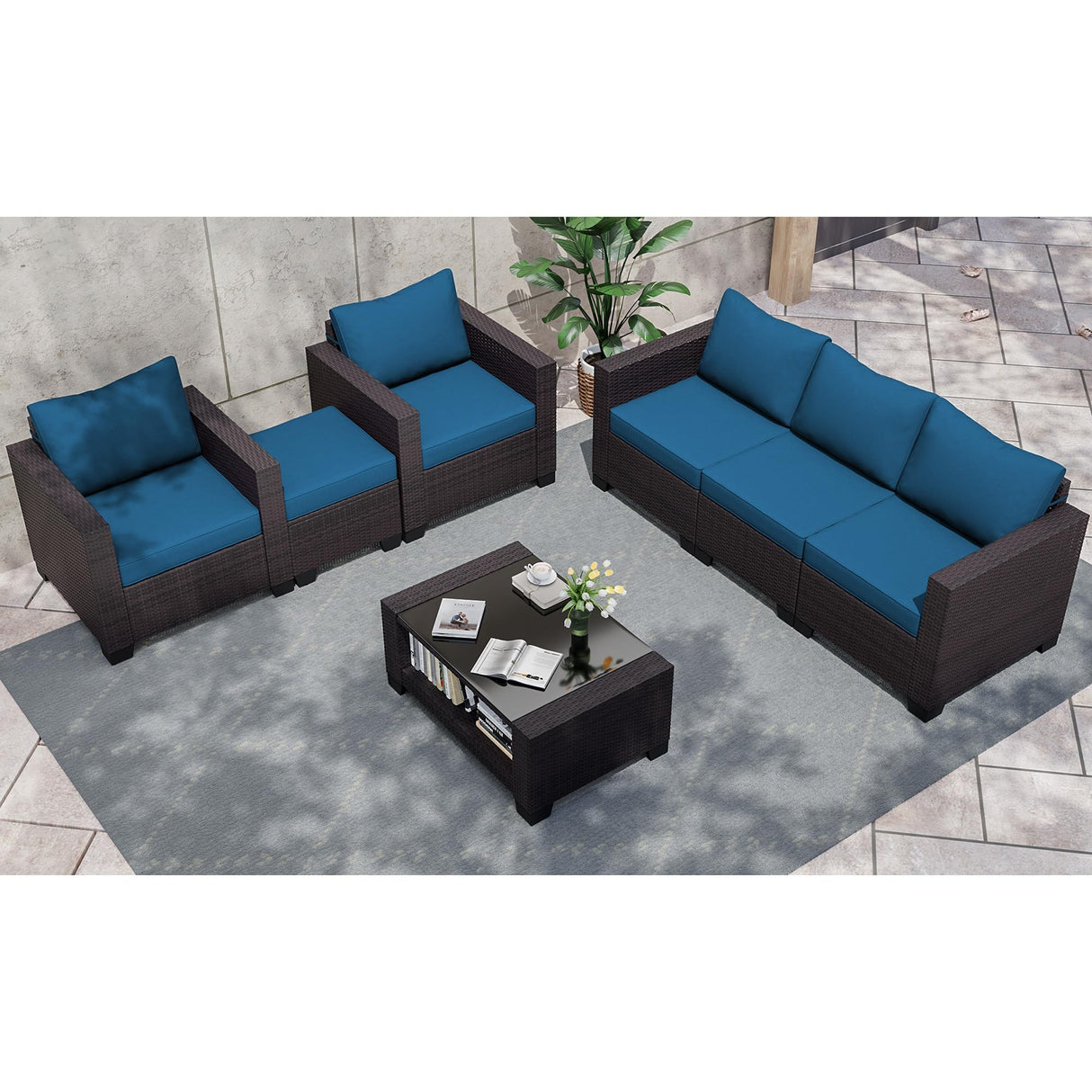 KIGOTY Patio Furniture Set 7 Pieces Conversation Sets, Outdoor Sectional Sofa, All-Weather PE Rattan Modular Sofa with Cushions and Glass Coffee Table（Brown/Peacock Blue,C） KIGOTY