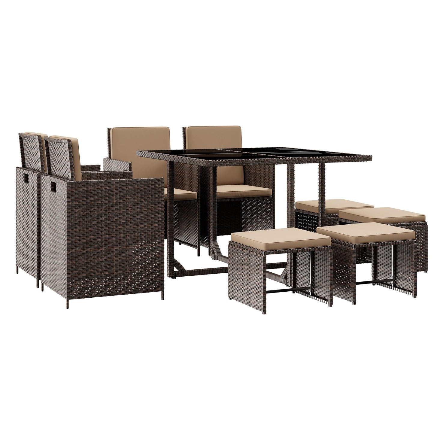 LHBcraft 9 Pieces Patio Dining Sets Outdoor Conversation Sets, Space Saving Wicker Chairs with Glass Table and Ottomans, Cushioned Seating and Back Sectional Dining Sets(BR-BE) - WoodArtSupply