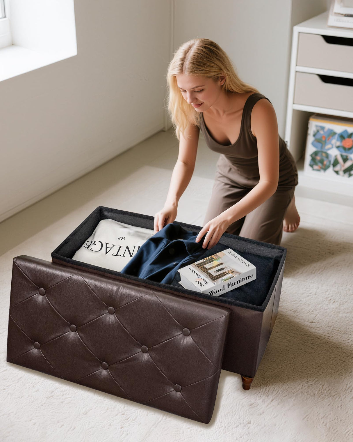 GLAXYFUR 30 Inches Storage Ottoman Bench with Wooden Legs, Faux Leather Folding Ottoman Foot Rest, Storage Bench for Living Room, Hallway & Bedroom, Upgrade Large Capacity (Engineered Wood, Brown) GLAXYFUR