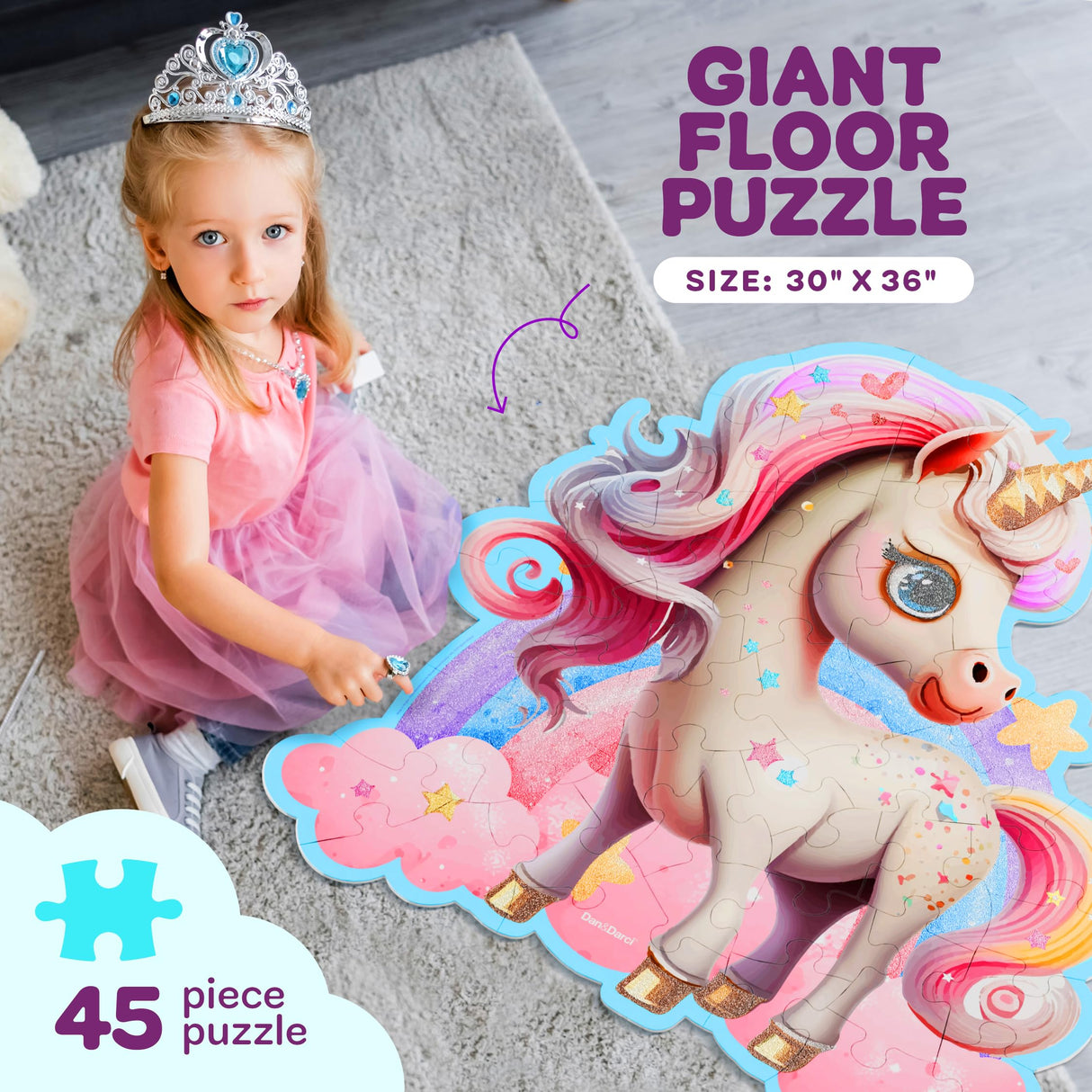 Dan&Darci Jumbo Shimmery 45-Piece Unicorn Floor Puzzle for Kids Ages 3-6 Years Old- Large Toddler Puzzles Age 3, 4, 5, 6 Year Olds - Easter Toys for Girls - Little Girl Birthday Gift Dan&Darci