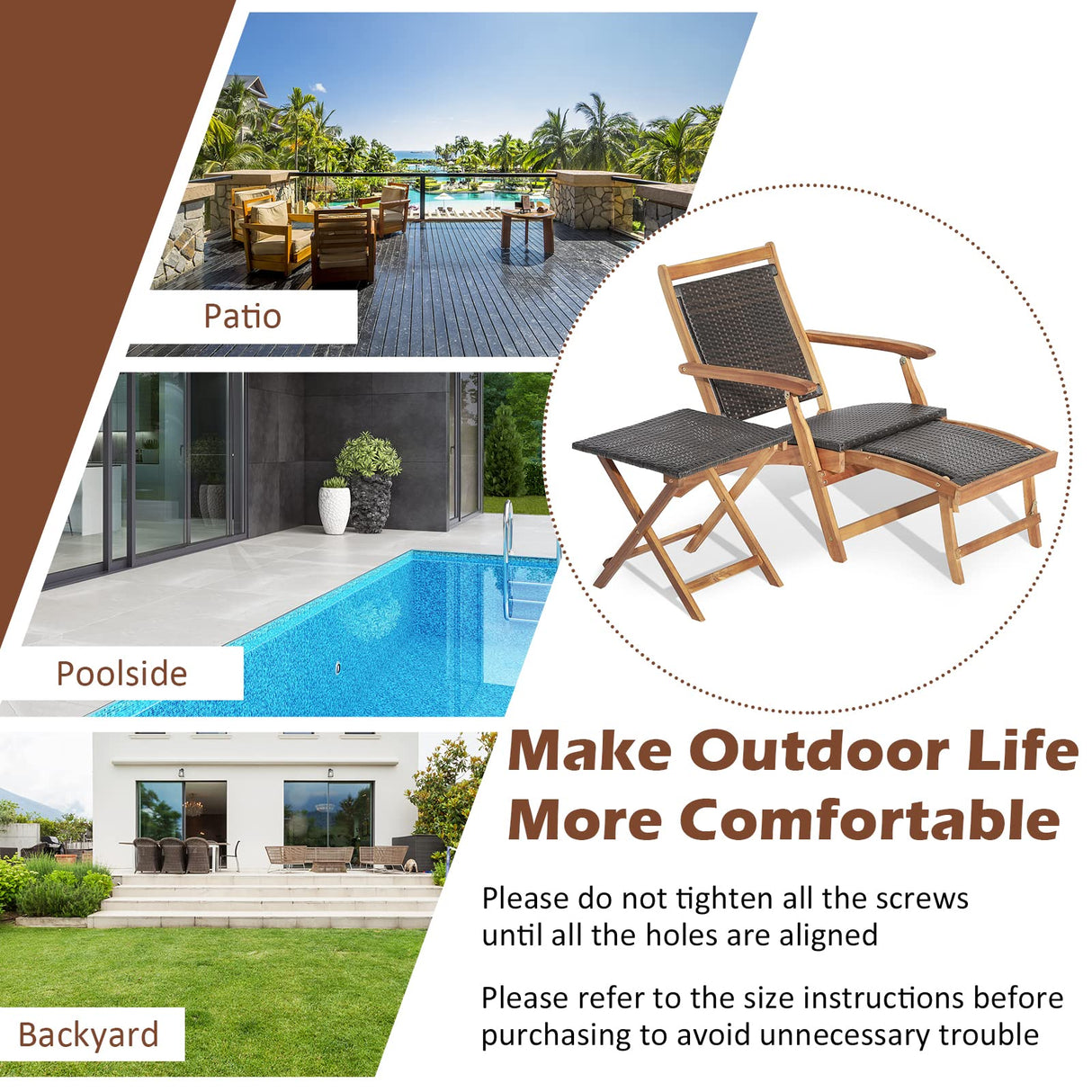 Tangkula Patio Lounge Chair and Side Table Set, Acacia Wood Wicker Folding Table and Armrest Chair with Retractable Ottoman, Outdoor Chaise Lounger for Garden, Backyard, Poolside, Balcony Tangkula