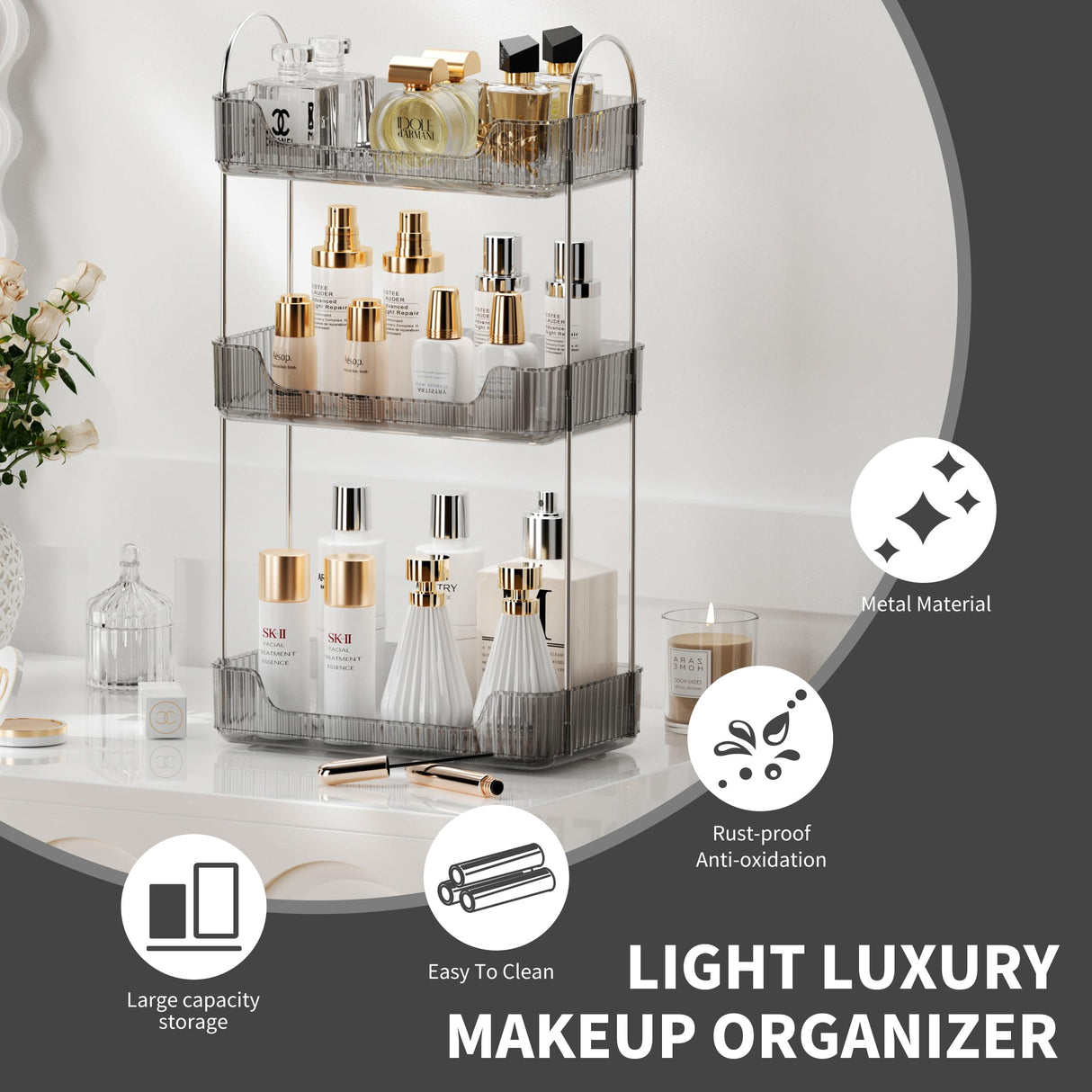 akinbas 3 Tier Bathroom Organizer Countertop Makeup Perfume Tray Skincare Organizer for Bathroom Dresser Vanity (Grey) akinbas