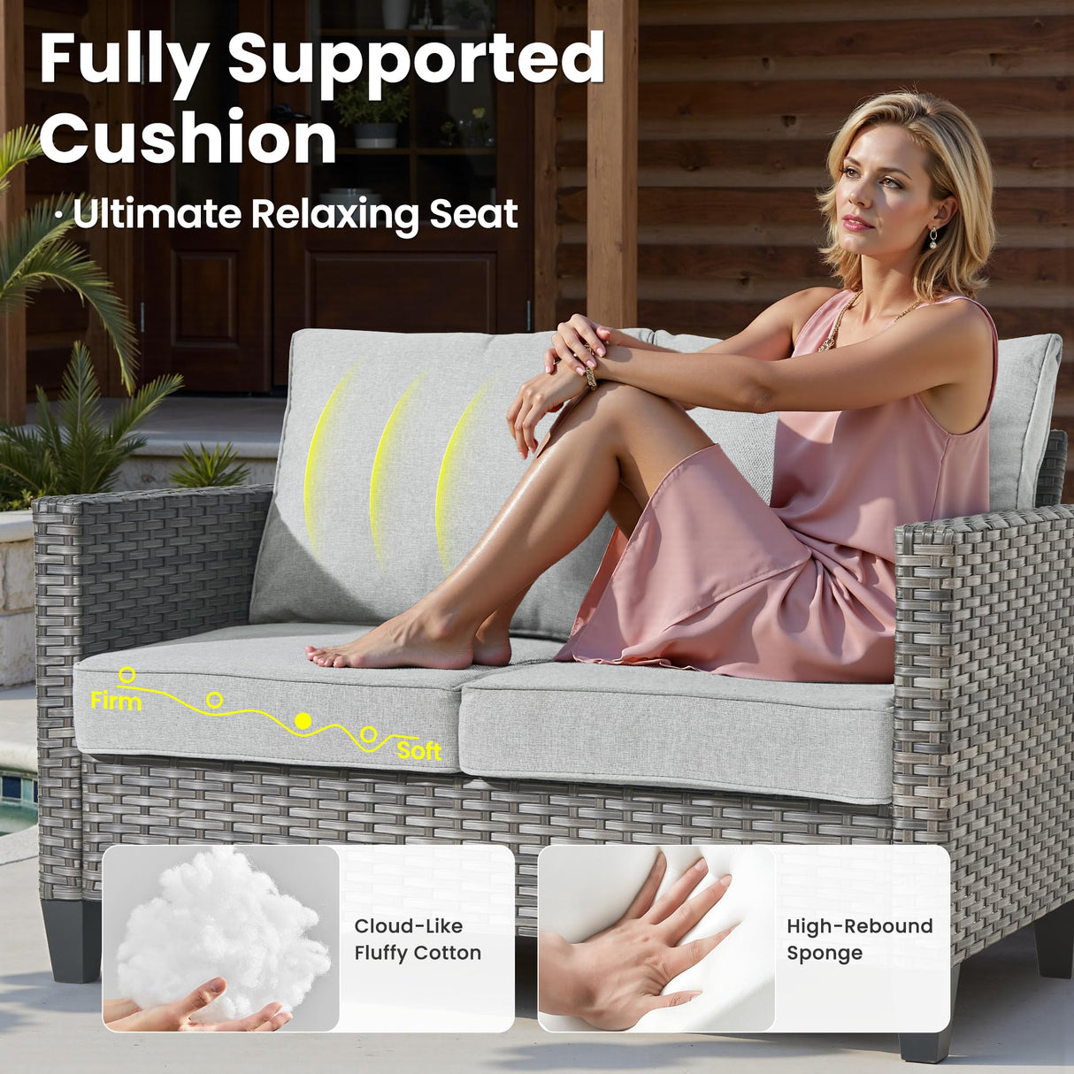 ovios Patio Loveseat, 2-Seater Outdoor Wicker Sofa Couch with Comfy Cushions, All Weather High Back Deep Seating Rattan Love Seat for Porch Deck Balcony, Grey ovios