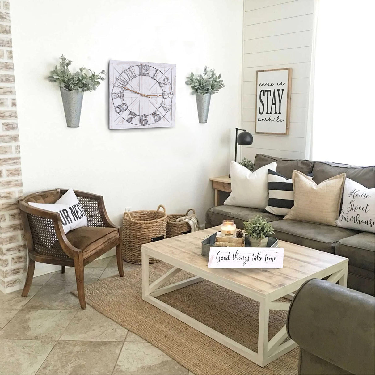 ALBEN Large Farmhouse Wall Clock - 24 inch Square Farmhouse Style Clock Bundled with Decorative Reversible Wooden Sign ALBEN