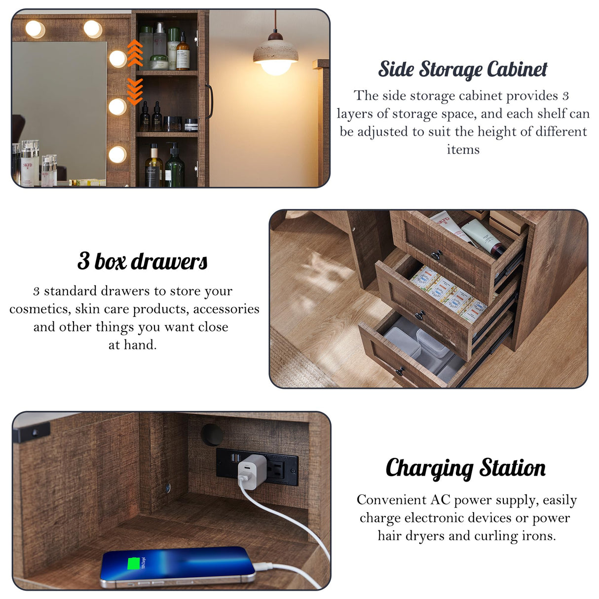 ACCOHOHO Farmhouse Vanity Desk with Mirror and Lights, 43" Wide Makeup Vanity with Glass Tabletop and Charging Station, Modern Vanity Table Set with Storage and Stool for Bedroom, Light Brown ACCOHOHO