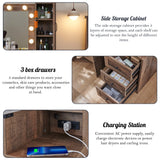 ACCOHOHO Farmhouse Vanity Desk with Mirror and Lights, 43" Wide Makeup Vanity with Glass Tabletop and Charging Station, Modern Vanity Table Set with Storage and Stool for Bedroom, Light Brown ACCOHOHO