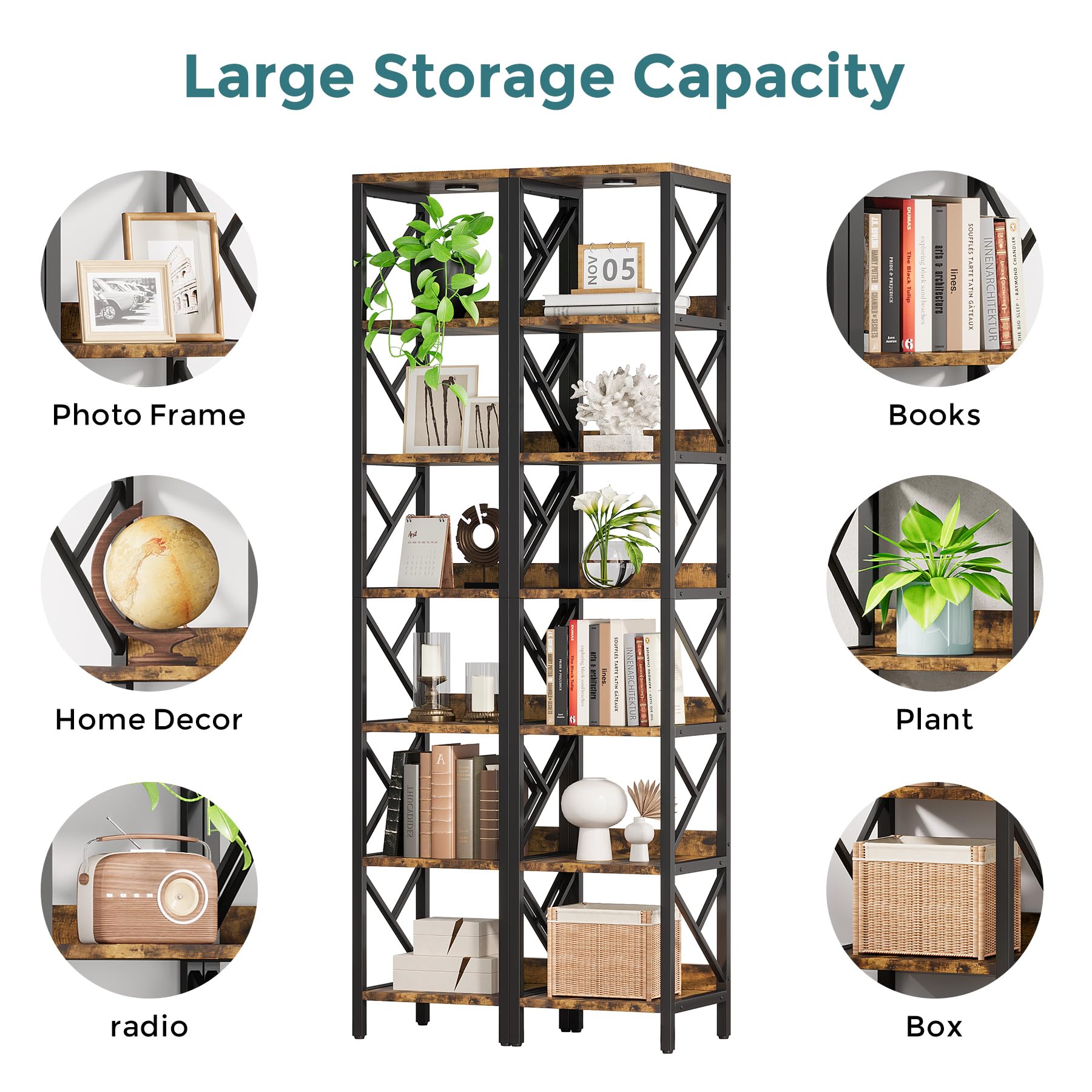 Condemo 78.7 Inch Extra Tall Narrow Bookshelf with LED Light – Modern Industrial 7 Tier Storage Organizer for Small Spaces - WoodArtSupply