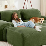 SoarFlash 81” Sectional Cloud Boneless Sofa Couches for Living Room-2 Seater L-Shaped Modern Lounge Couch-No Assembly Modular Corduroy Convertible Sponge Sleeper Sofas with Chaise for Home House,Green SoarFlash