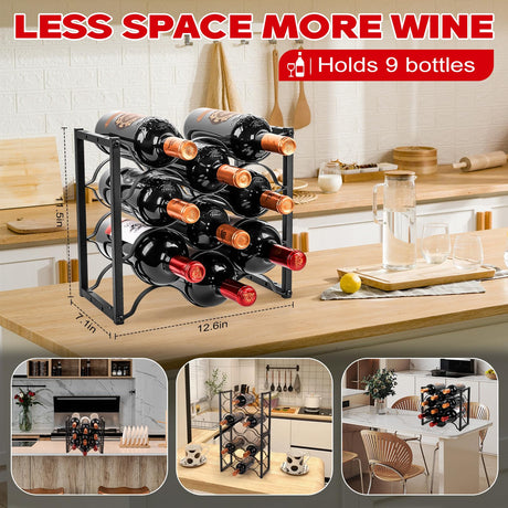 KAHLHAK Countertop Wine Rack - 9 Bottle Freestanding Modern Black Metal Wine Holder - 3 Tier Tabletop Wine Stand for Cabinet, Pantry, Bar - Durable & Space-Saving Wine Storage Organizer (2) KAHLHAK