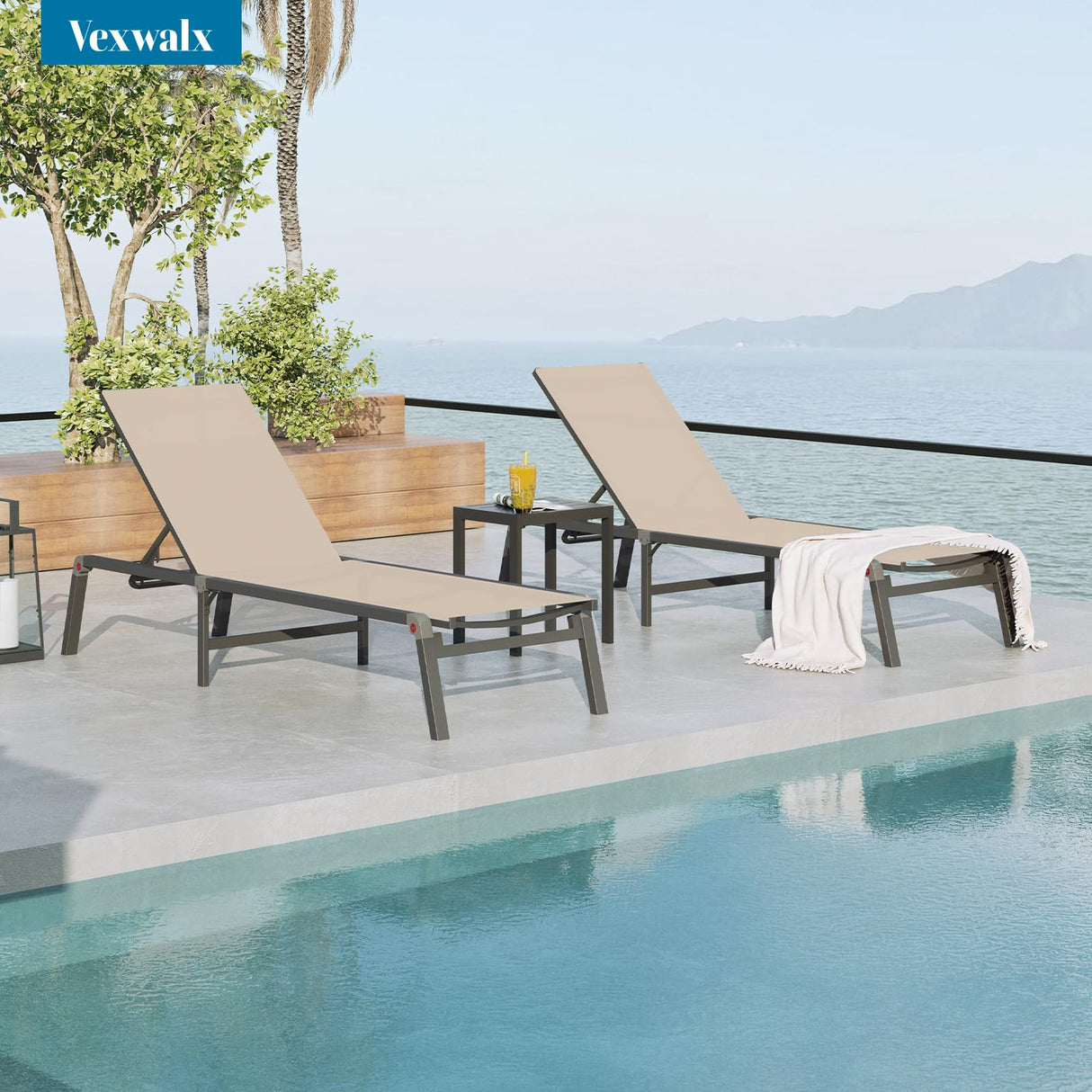 Vexwalx Chaise Lounge Outdoor, Foldable Aluminum Pool Lounge Chairs with 5 Positions Recliner - Free Assembly - Patio Chaise Lounge Chair for Poolside, Beach, Yard (Khaki) Vexwalx