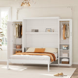 Full Size Murphy Bed Wall Cabinet with 2 Wardrobe and Storage Shelf, Wooden Murphy Cube Wall Bed, Space Saving Pull Out Hidden Bedframe for Guest Room, Apartment, White VYNELITO