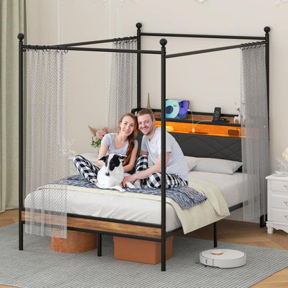 Winkalon Metal Canopy Bed Frame, Full Size Bed Frame with 4 Removable Sturdy Posts Hanging Curtains, Iron Bed Platform with Charging Station LGB Light, No Box Spring Needed Strong Slat Support