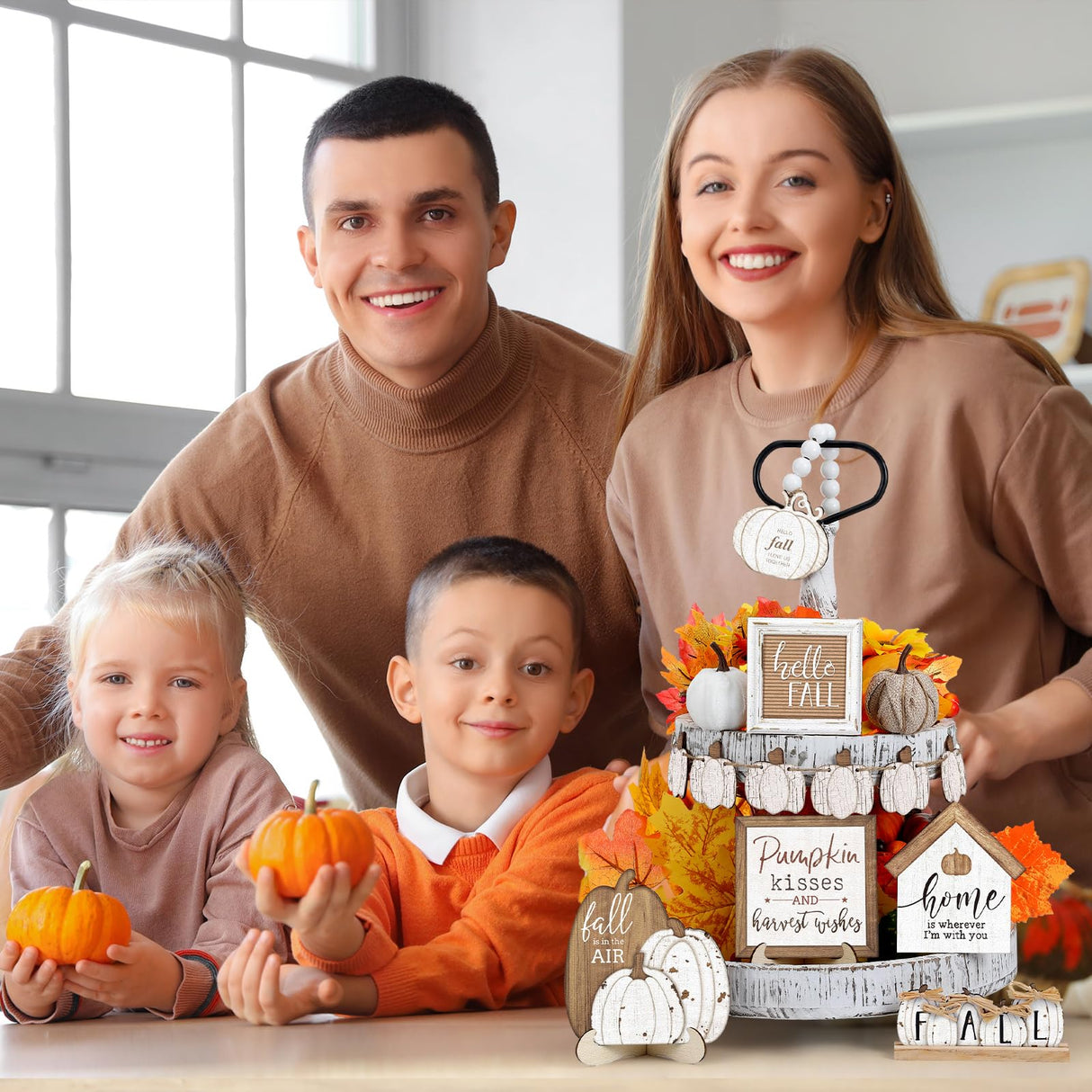 Reallnaive 18 Pcs Fall Thanksgiving Tiered Tray Decor Set Pumpkin Wood Sign Hello Fall Rustic Farmhouse Tray Decoration Tabletop Sign for Autumn Home Kitchen Festival (Neutral) Reallnaive