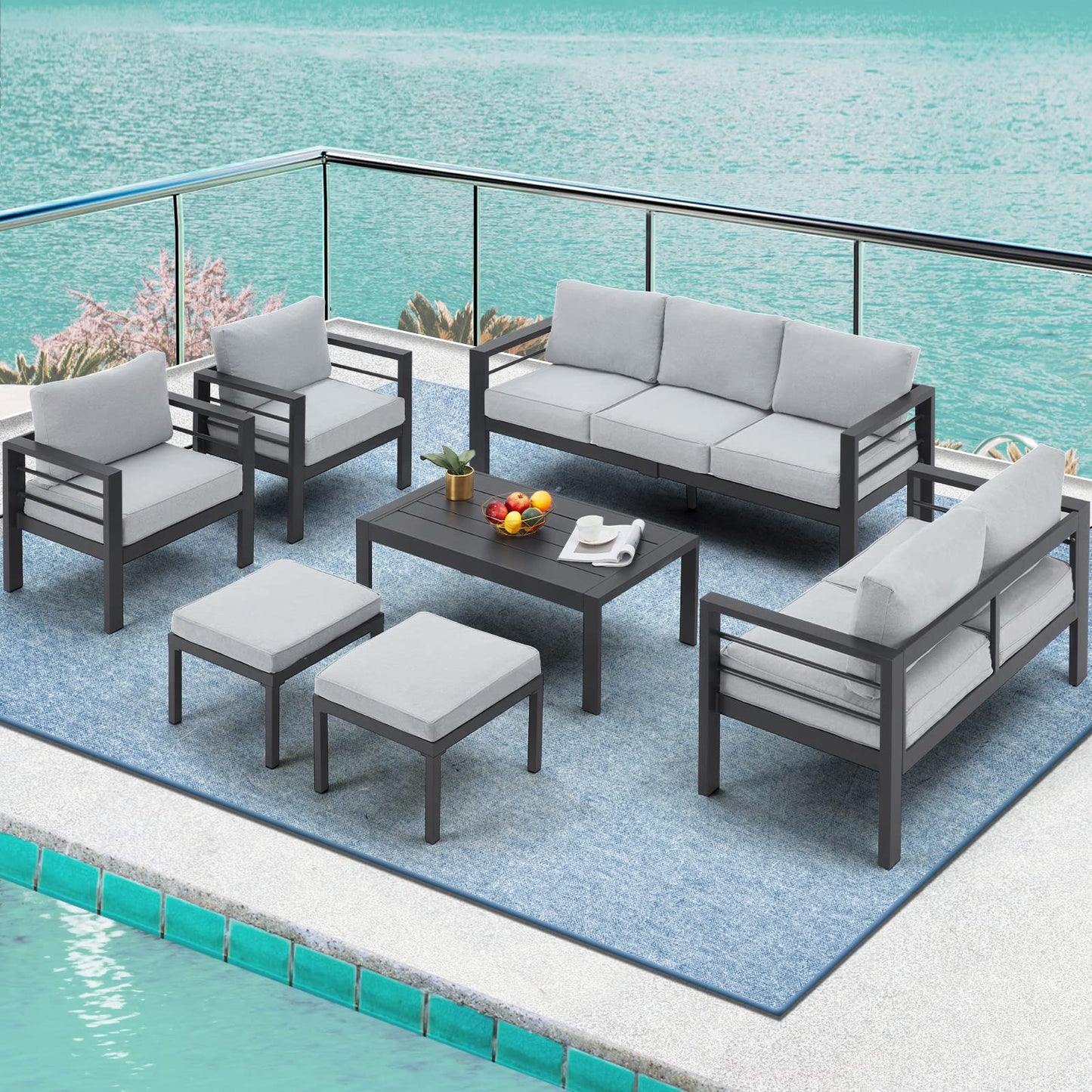 AECOJOY Aluminum Patio Furniture Set, Modern Outdoor Patio Furniture with Coffee Table, 7 Pieces Outdoor Conversation Set with Grey Cushions for Balcony, Porch, Lawn - WoodArtSupply