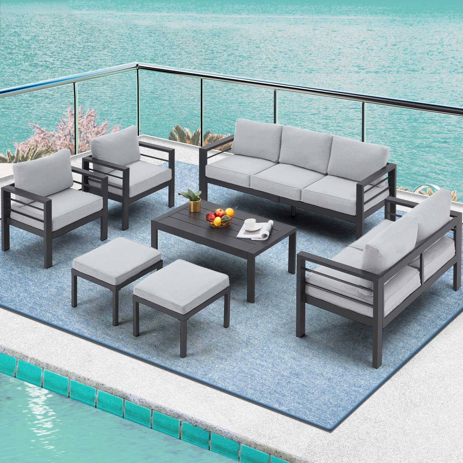 AECOJOY Aluminum Patio Furniture Set, Modern Outdoor Patio Furniture with Coffee Table, 7 Pieces Outdoor Conversation Set with Grey Cushions for Balcony, Porch, Lawn - WoodArtSupply