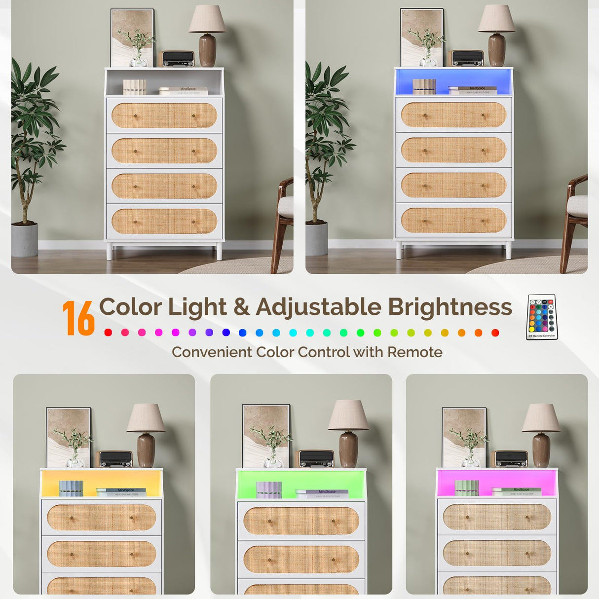 VINGLI White Rattan Dresser with LED Lights, Tall Dresser, Rattan Chest of Drawers for Bedroom, Vertical 4 Drawer Dressers for Bedroom, Boho VINGLI