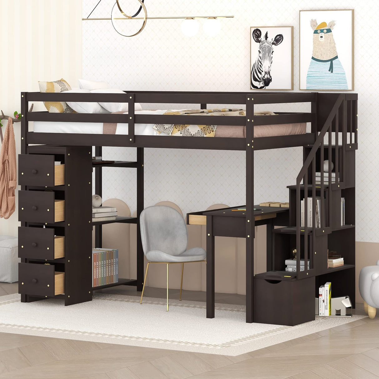 CITYLIGHT Espresso Twin Size Loft Bed with Desk, Storage Staircase, and Drawers CITYLIGHT