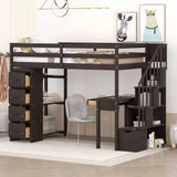 CITYLIGHT Espresso Twin Size Loft Bed with Desk, Storage Staircase, and Drawers CITYLIGHT