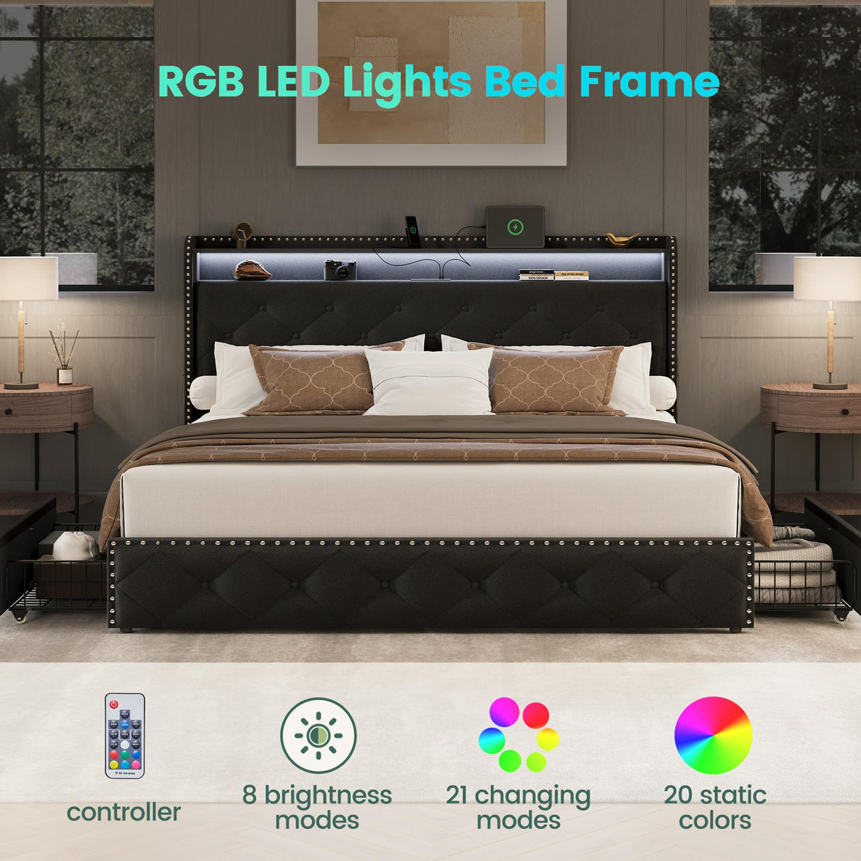 LARMACE Queen Size Bed Frame with Storage & LED Lights & USB Charging Station, Velvet Upholstered Platform Bed with Headboard and 4 Drawers, No Box Spring Needed, Easy Assembly, Black LARMACE