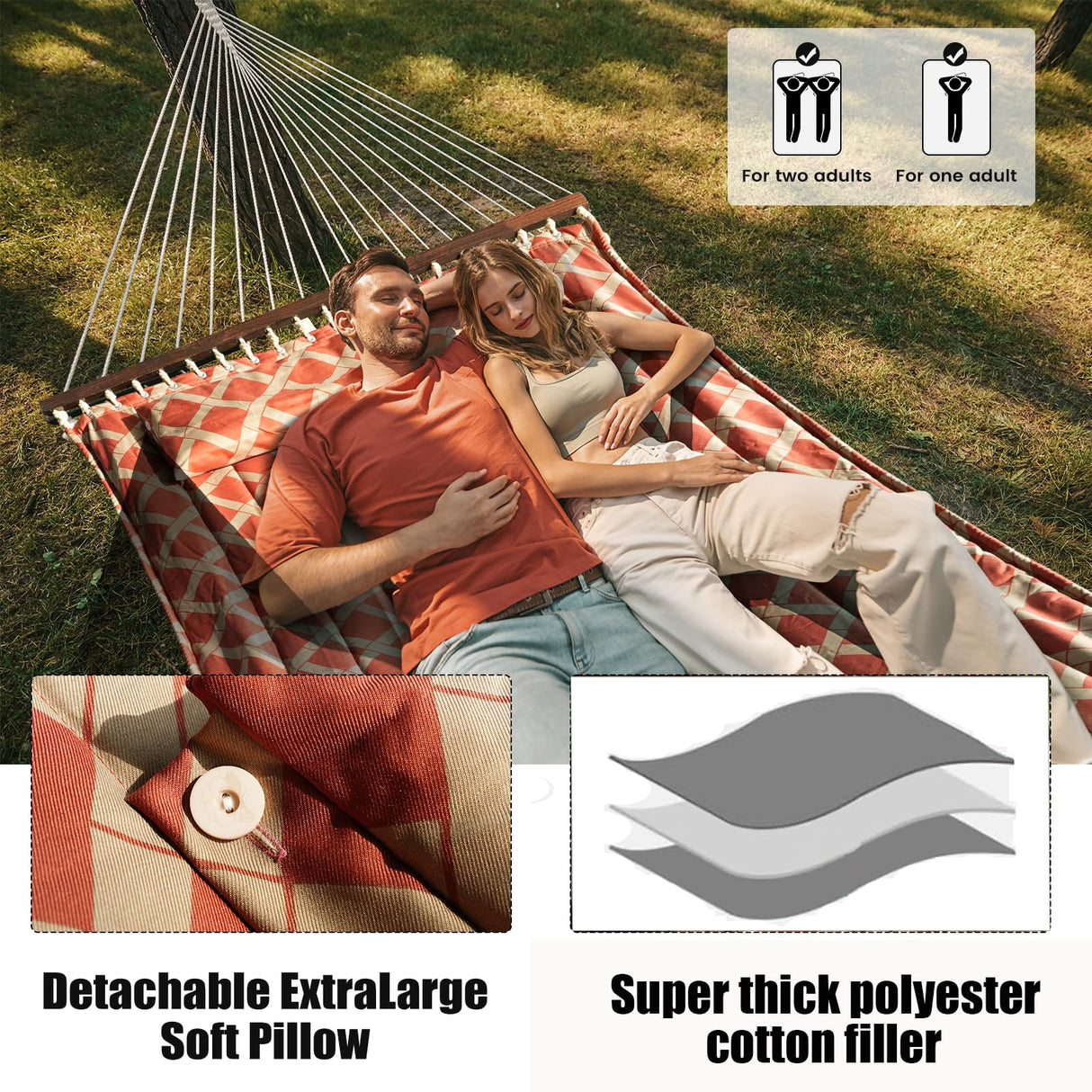 13FT Double Hammock With Spreader Bars - 600 lbs Capacity, Detachable Pillow, Heavy Duty Hanging Tree Design for Outside, Patio, Garden, Backyard, Beach, and Poolside OLALACOZY