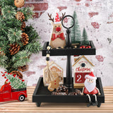 Tiered Tray Stand, Rustic Wooden 2 Tier Decorative Tray with Bead Garland, Farmhouse Square Wood Serving Tray Counter Centerpiece for Coffee Bar Home Decor Holiday Holloween Housewarming Gifts (Black) SYNCVIBE