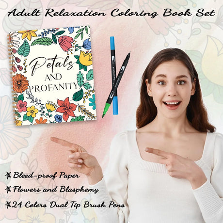 7×8.2in Adult Coloring Book Set for Relaxation, Spiral Bound Coloring Book for Women with 24 Colors Markers, Mindfulness Stress Relief 32 Patterns for Adults, Teens, Gift Prudiut