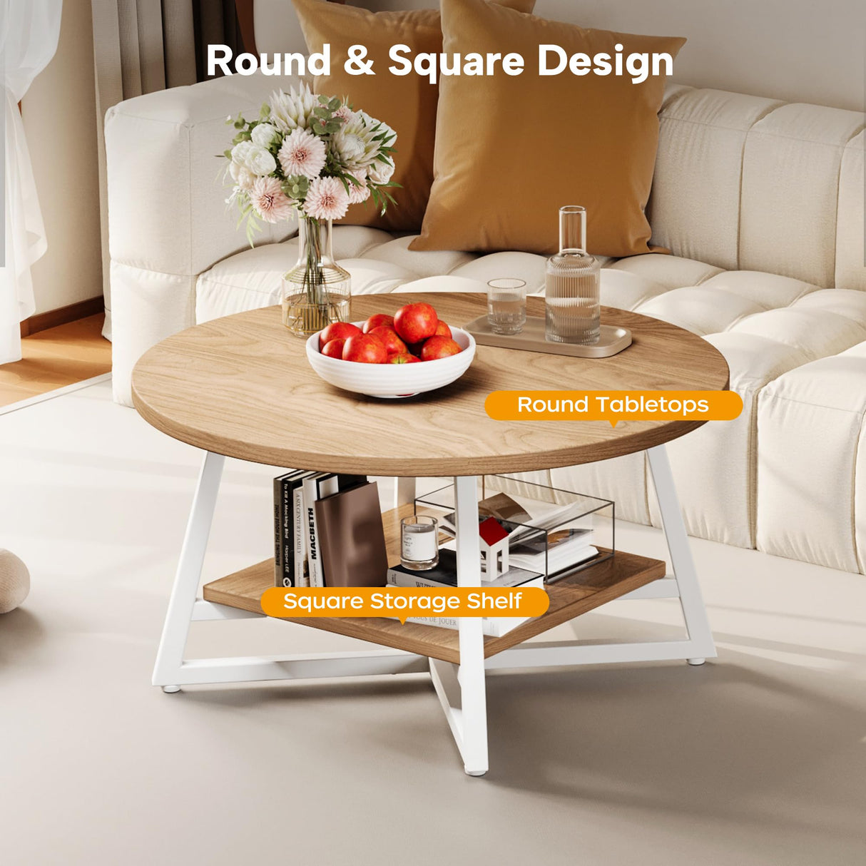 Coffee Table for Living Room, Round Coffee Table, Small Circle Coffee Table with Storage, Modern Wood Round Center Table for Home Office, Small Space, Easy Assembly, Light Coffee Homeiju