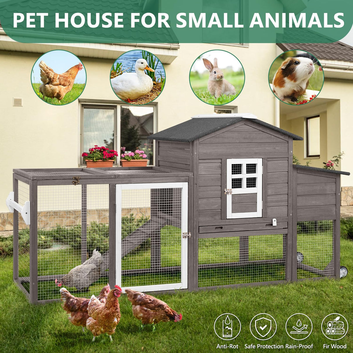 Magazoopet 79" L Chicken Coop with Run, Mobile Chicken Hen House with Wheels, Nesting Boxes, Indoor Outdoor Rabbit Hutch, Poultry Cage for Chickens Ducks Bunny with Removable Tray, Ramp (Grey) Magazoopet