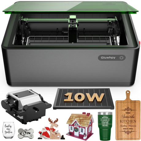 Gluwphy Class 1 Laser Engraver 10000mV(10W) Enclosed Laser Engraving Machine with Air Assist, Honeycomb, Turbo Fan Filtering Laser Cutter for Wood, Metal, Acrylic, Black Gluwphy