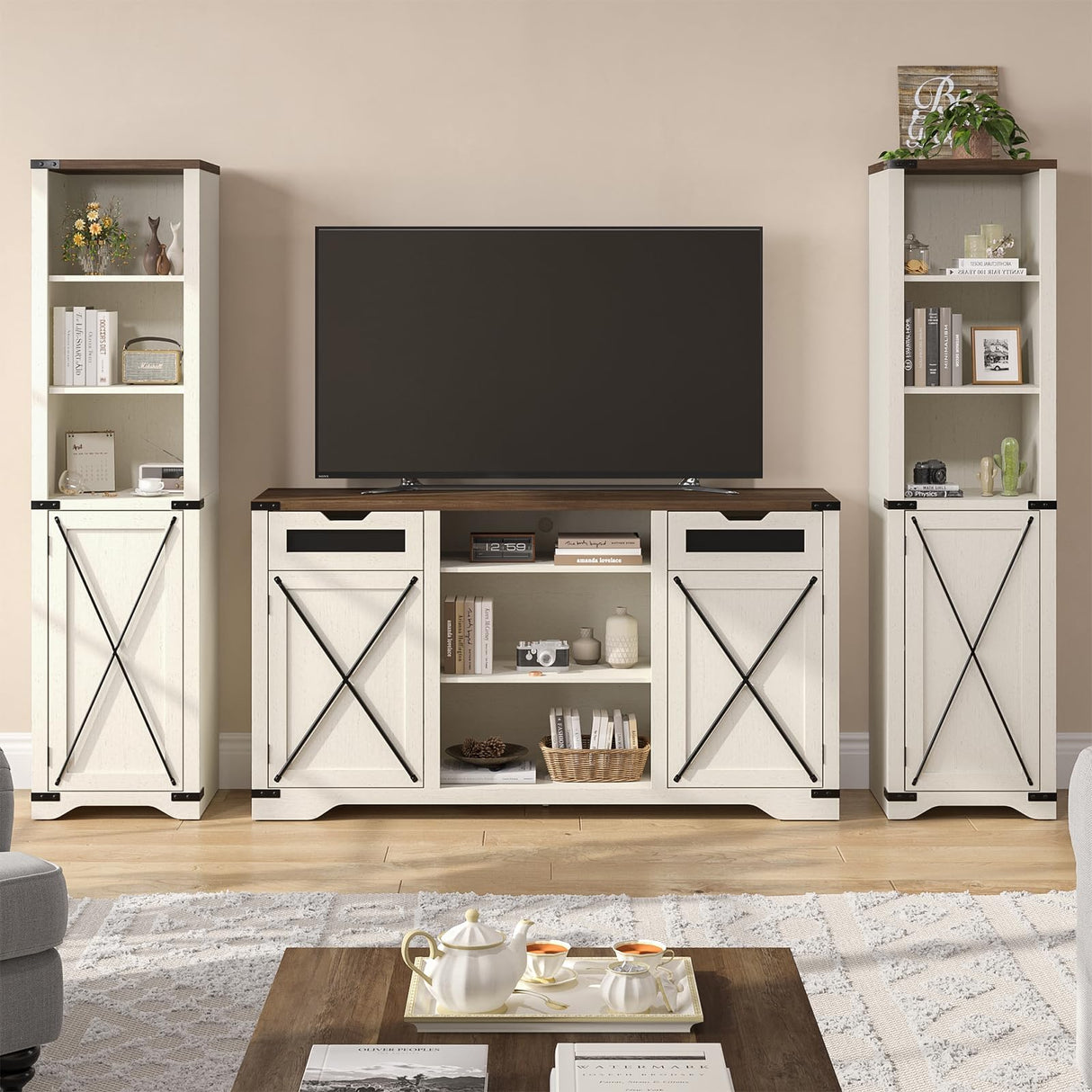 Vabches 5 Tier Bookcase with Doors Set of 2, 67” Tall Farmhouse Bookshelf with Storage Cabinet, Adjustable Shelves & Barn Door, Narrow Wooden Book Shelf for Living Room, Office, Antique White Vabches