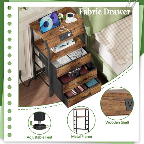 Furnulem Night Stand with Charging Station, USB Ports and Outlets, 28.3 Inch Tall Bedside Table with Wood Shelf, 3 Fabric Drawers Side Table for Bedroom, 3 Ways to Use, Rustic Brown Furnulem