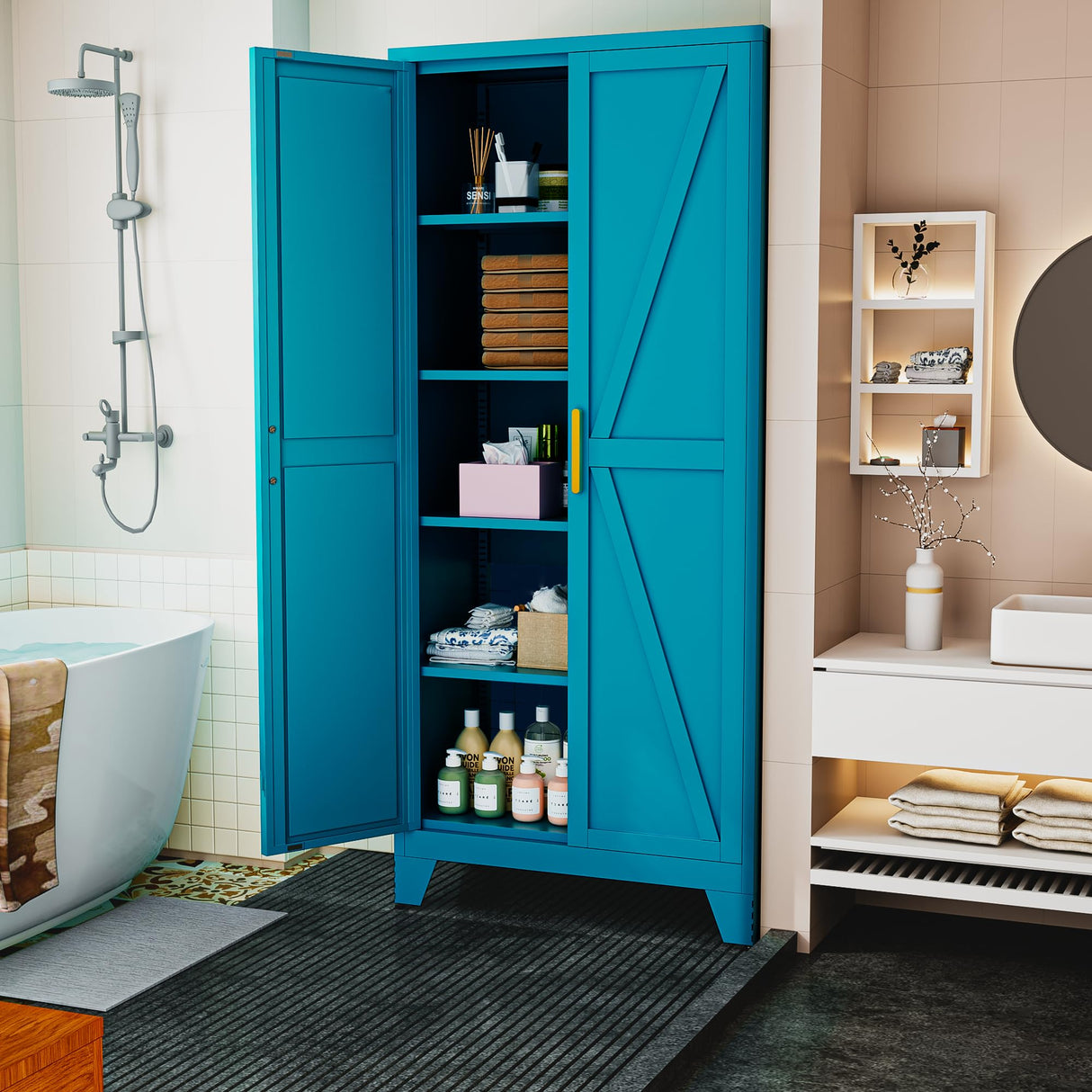 Boegica 71" Tall Metal Farmhouse Kitchen Pantry,Barn Doors Pantry Cabinet with Adjustable Shelves,Farmhouse Storage Cabinet,Modern Cupboard for Kitchen,Dining Room,Living Room,Bathroom,Blue Boegica