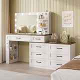 Farmhouse Large Makeup Vanity Desk, Glass Top Vanity Dresser Combo, Make Up Dressing Table, with Mirror and Lights and 8 Drawers, with Charging Station and Storage, for Bedroom, Dressing Room, White Vabches