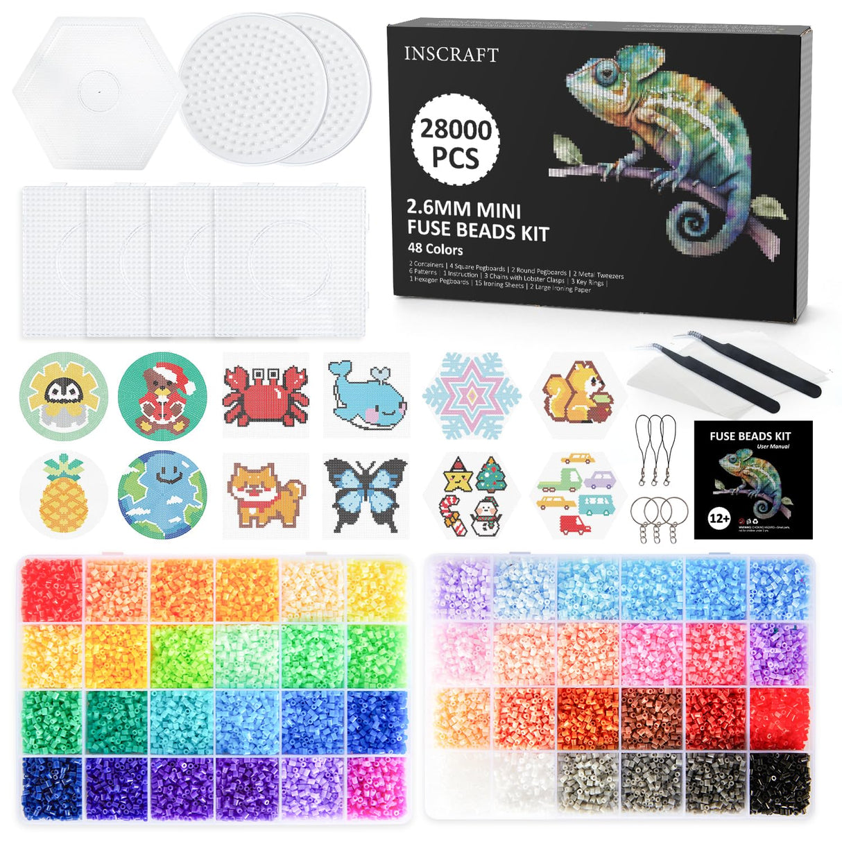 INSCRAFT 28,000 Mini Fuse Beads, 2.6mm 48 Colors Melty Beads with 7 Pegboards 15 Ironing Sheets 2 Tweezers 2 Ironing Papers & 6 Chain Accessories INSCRAFT