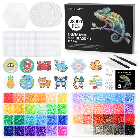 INSCRAFT 28,000 Mini Fuse Beads, 2.6mm 48 Colors Melty Beads with 7 Pegboards 15 Ironing Sheets 2 Tweezers 2 Ironing Papers & 6 Chain Accessories INSCRAFT